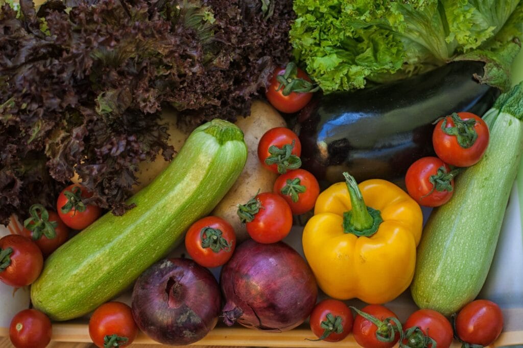 A colorful display of fresh organic vegetables including zucchini, tomatoes, and lettuce.
