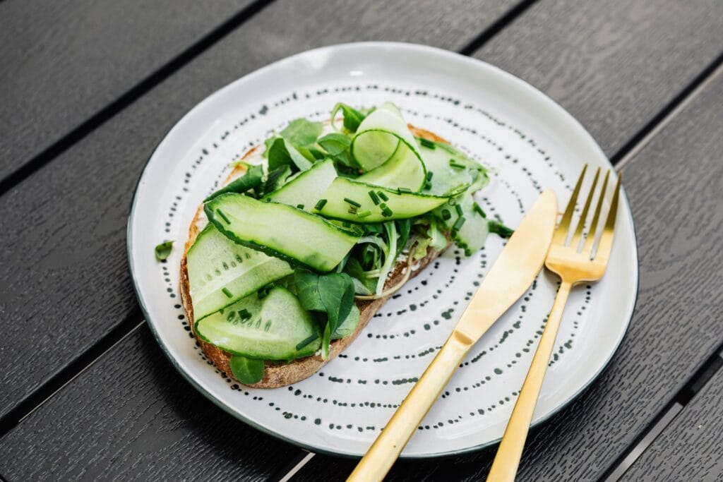A close-up of a healthy open-faced sandwich with cucumber and greens on a patterned plate.