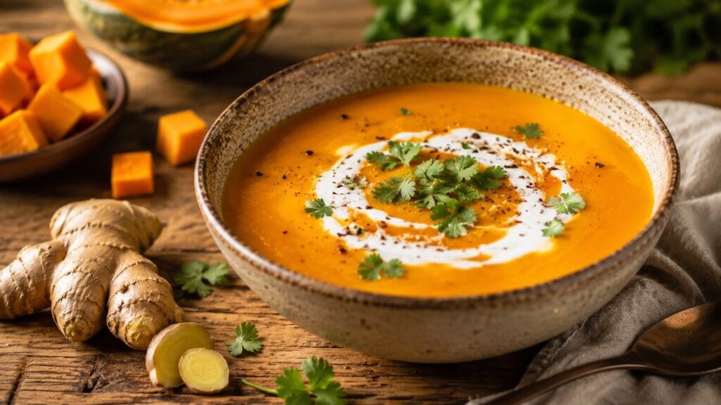 Cremige Kürbis-Kokos-Suppe mit frischem Ingwer.