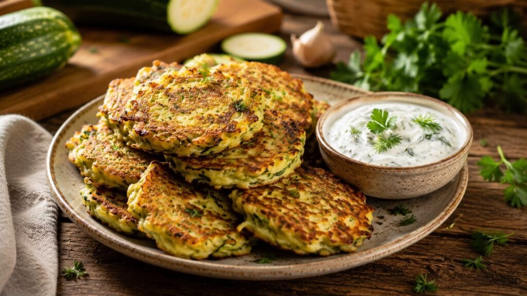 Knusprige Zucchinipuffer aus der Pfanne mit erfrischendem Kräuter-Dipp.